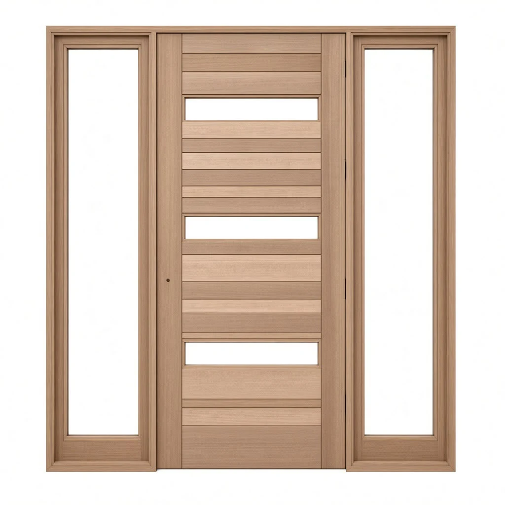 Modern wood exterior door with horizontal glass and sidelights